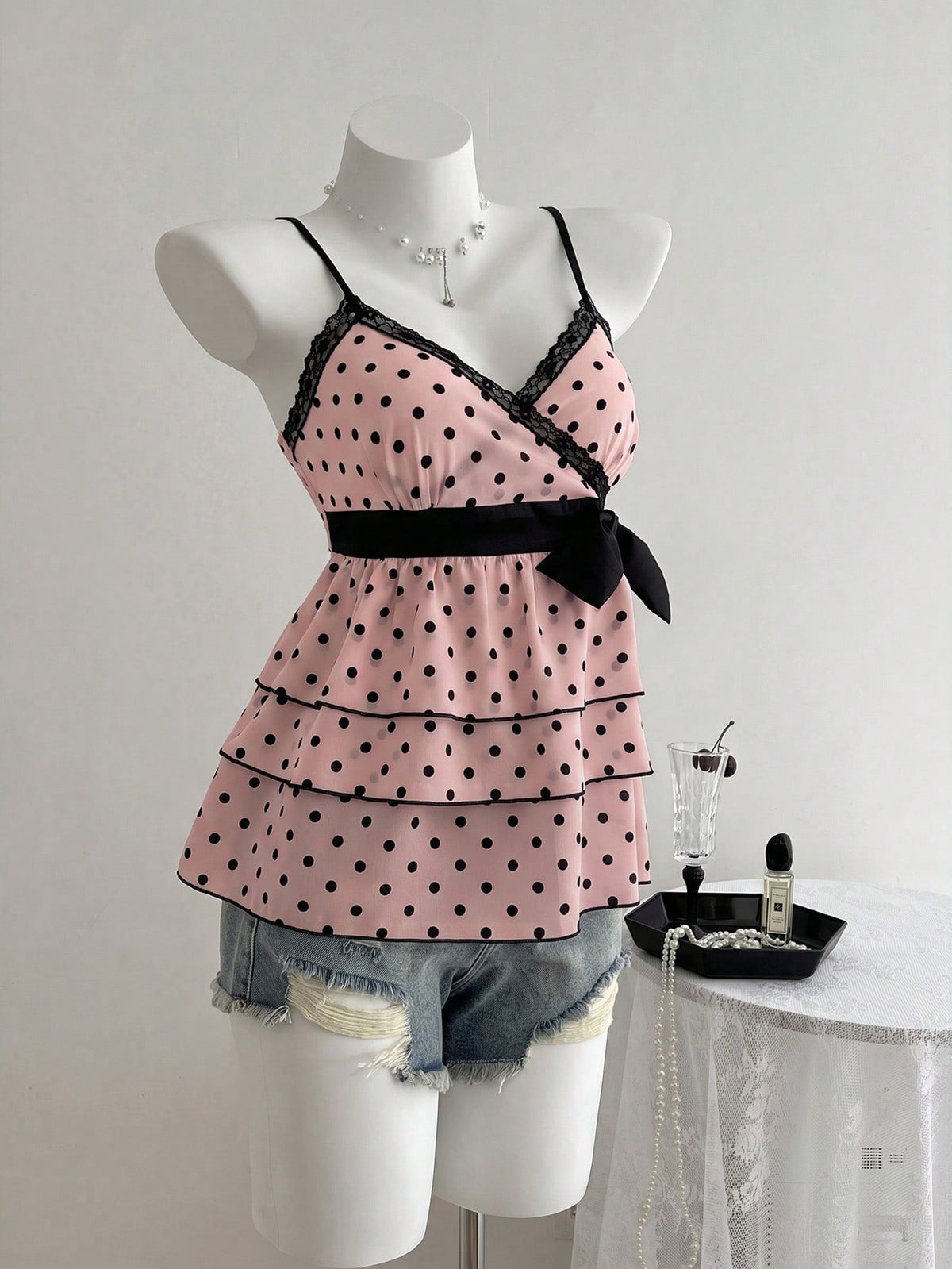 Polka Dot Lace Trim Ruffle Hem Camisole Top