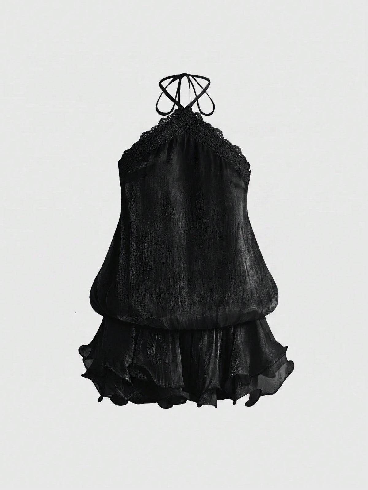 Front and back view of a women's halter neck sleeveless mini dress with contrast lace patchwork, tie knot backless detail, and layered ruffle hem.