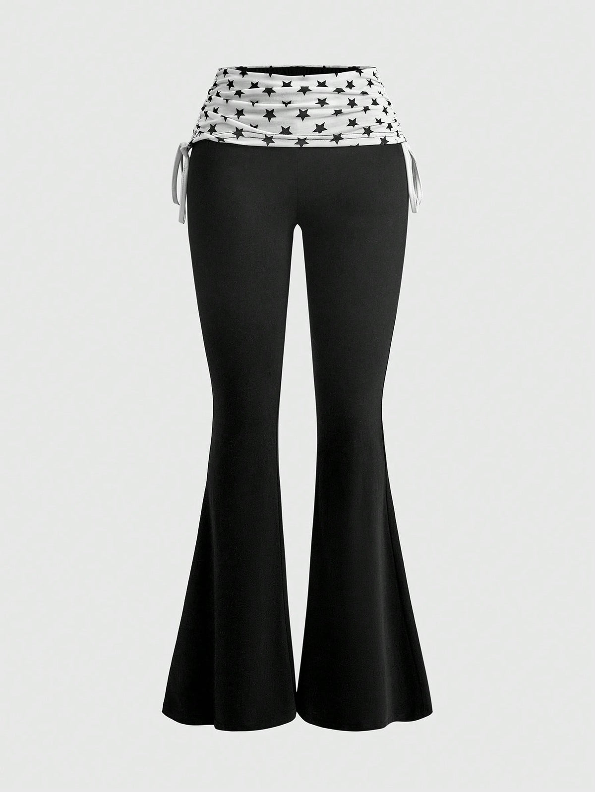 Women's low waist flare leg pants featuring an elastic drawstring waistband and ruched detail in knitted fabric.