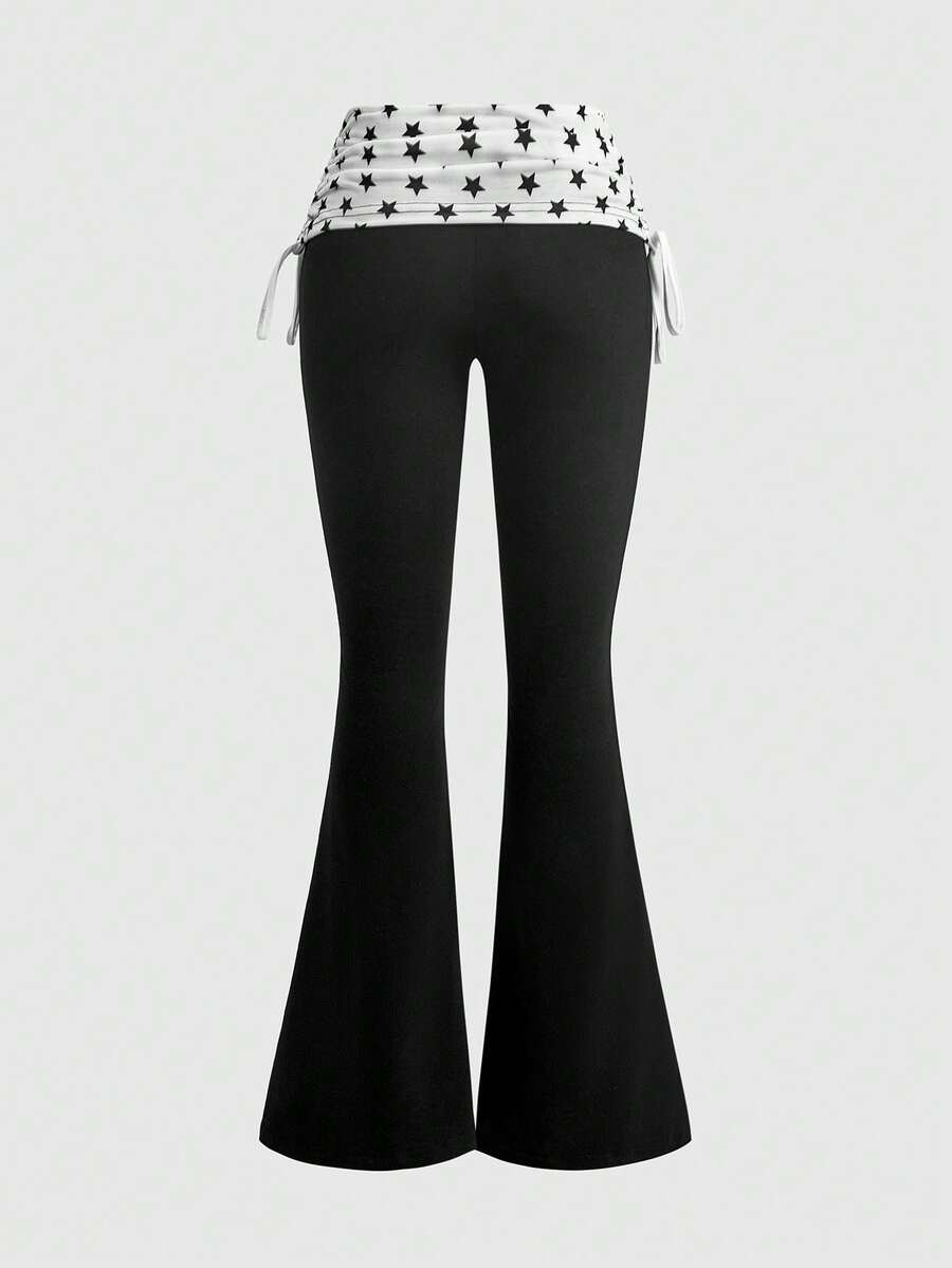 Women's low waist flare leg pants featuring an elastic drawstring waistband and ruched detail in knitted fabric.