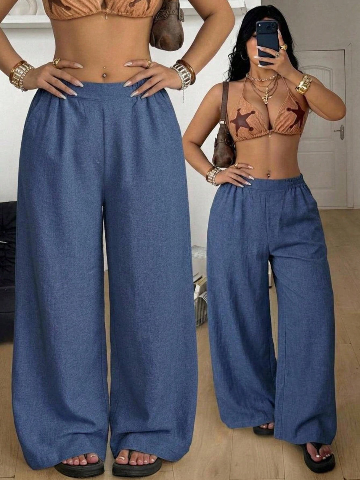 Women's loose straight leg cotton pants featuring a high waist with an adjustable drawstring knot and functional side pockets.