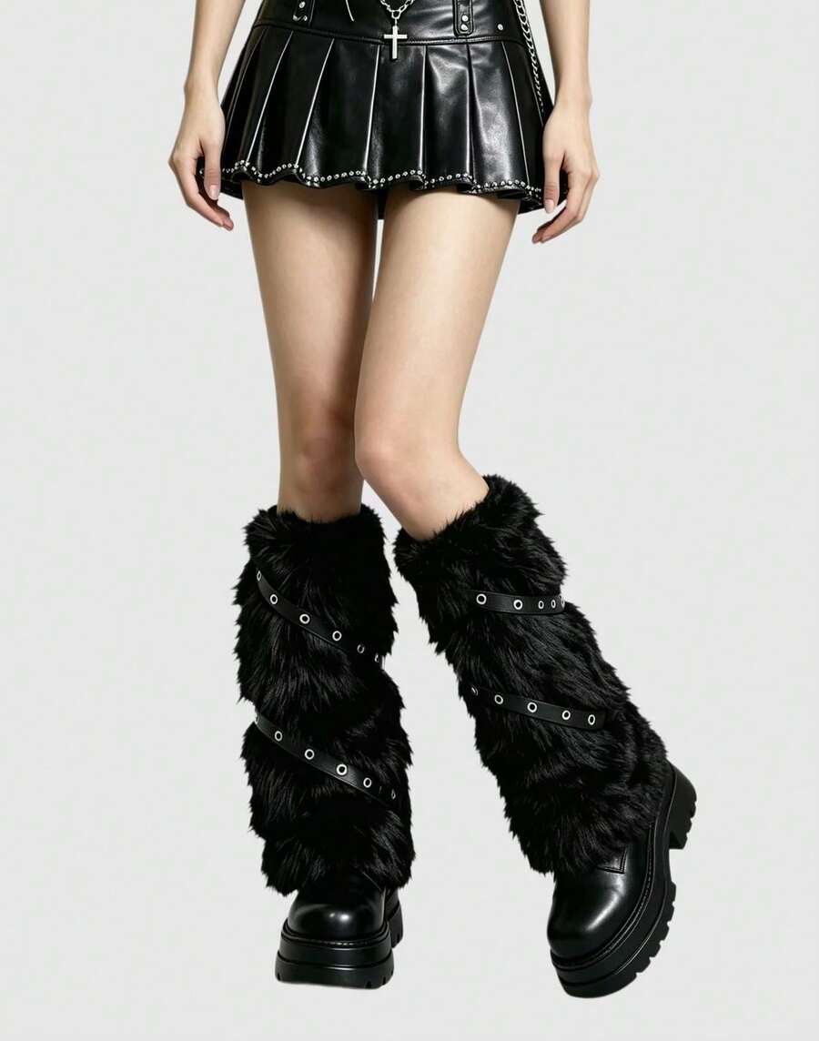 Pair of fuzzy leopard print leg warmers for women in a stylish winter goth aesthetic