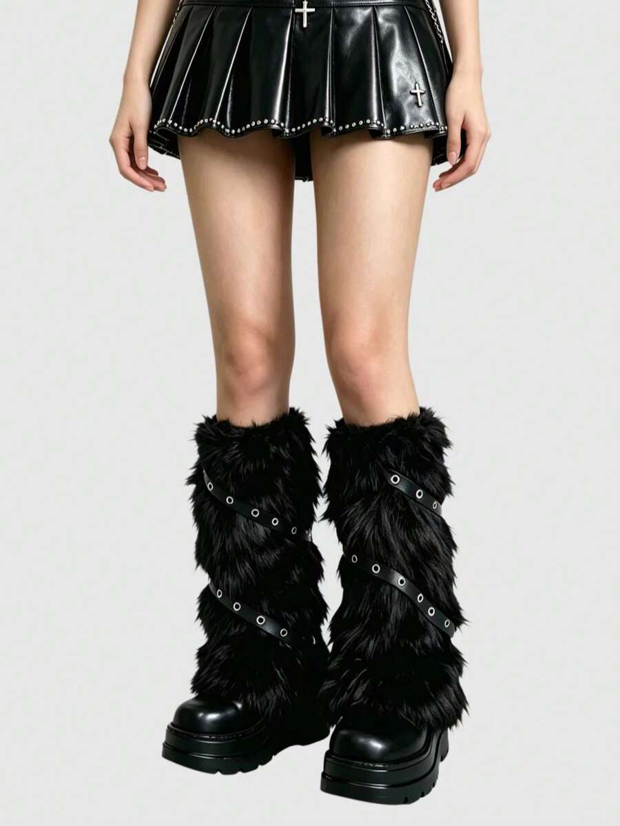 Pair of fuzzy leopard print leg warmers for women in a stylish winter goth aesthetic