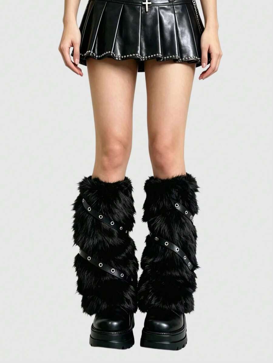 Pair of fuzzy leopard print leg warmers for women in a stylish winter goth aesthetic