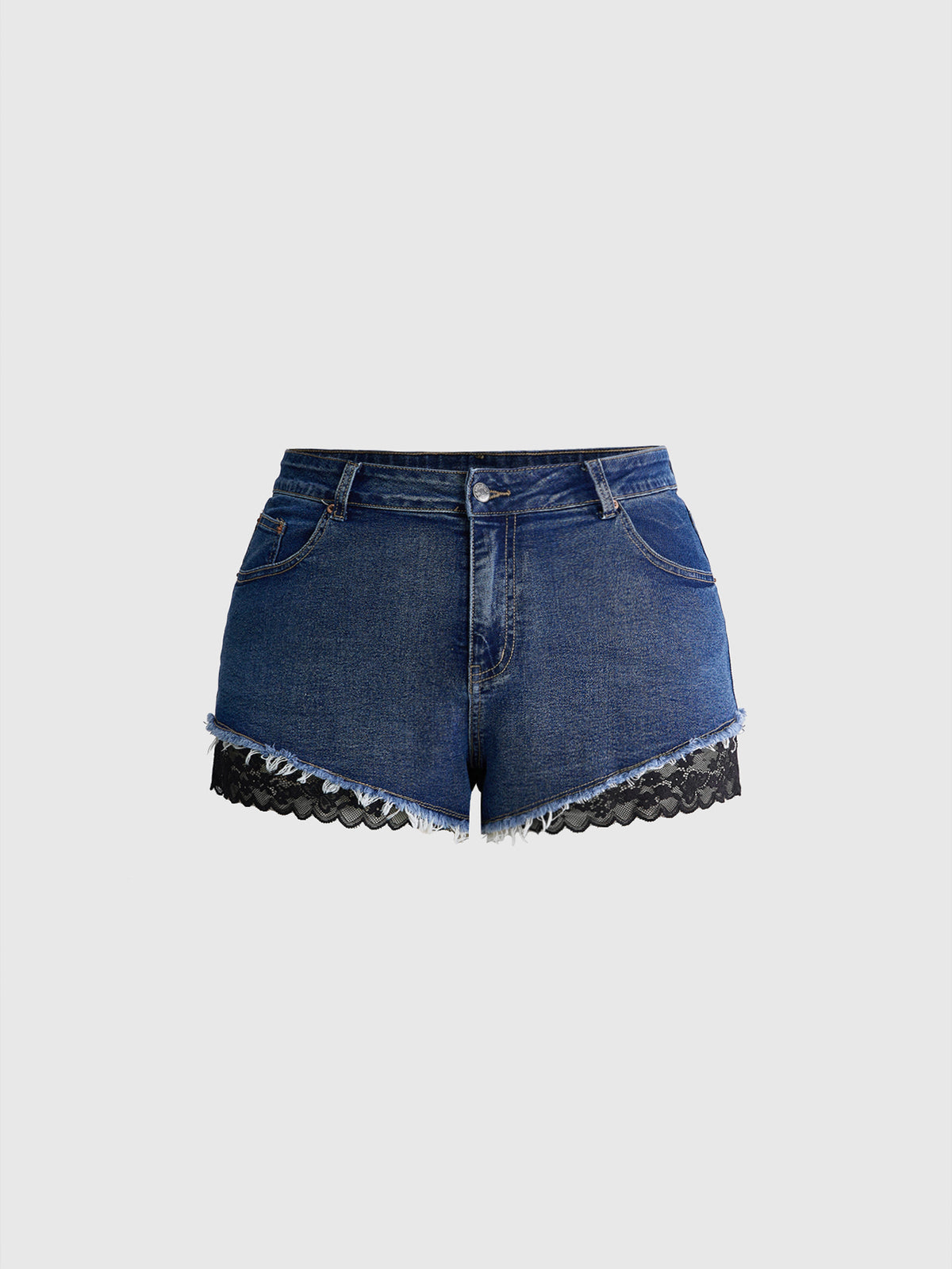 Front view of women's plus size skinny denim shorts featuring lace patchwork detailing, mid-rise waist, button zipper closure, and classic pockets.