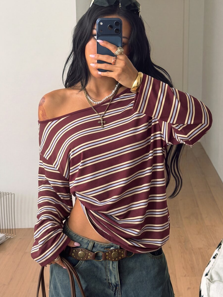 Women's brown striped boat neck long sleeve raglan T-shirt with a loose casual fit