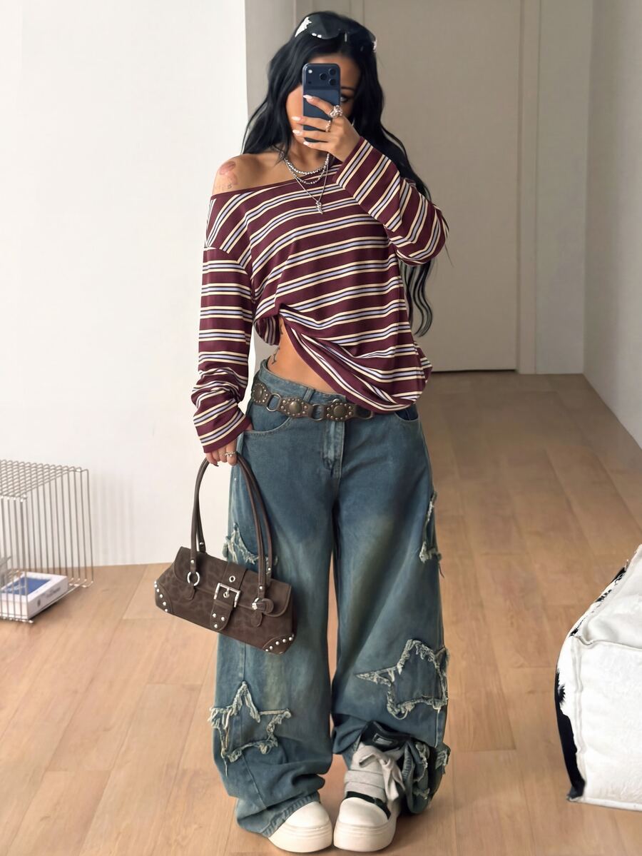 Women's brown striped boat neck long sleeve raglan T-shirt with a loose casual fit