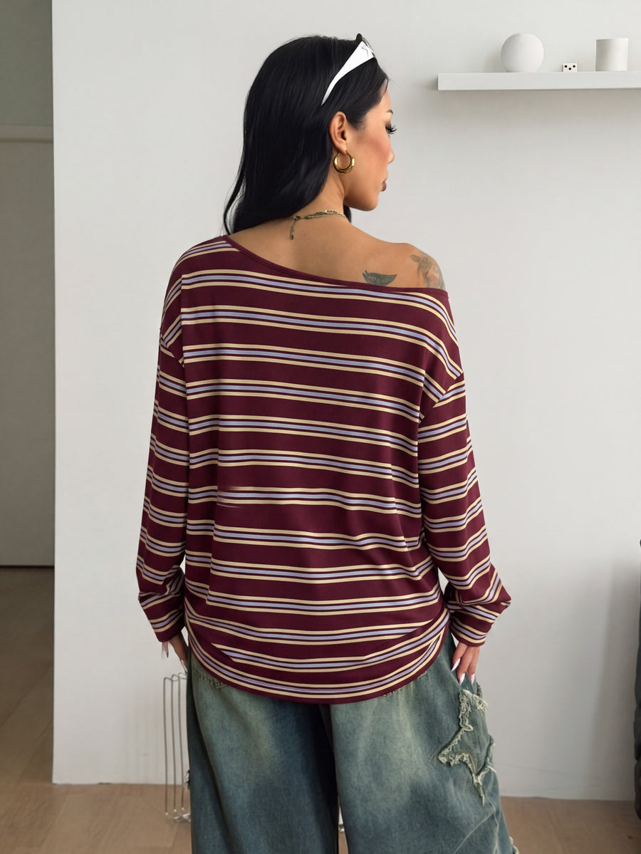Women's brown striped boat neck long sleeve raglan T-shirt with a loose casual fit