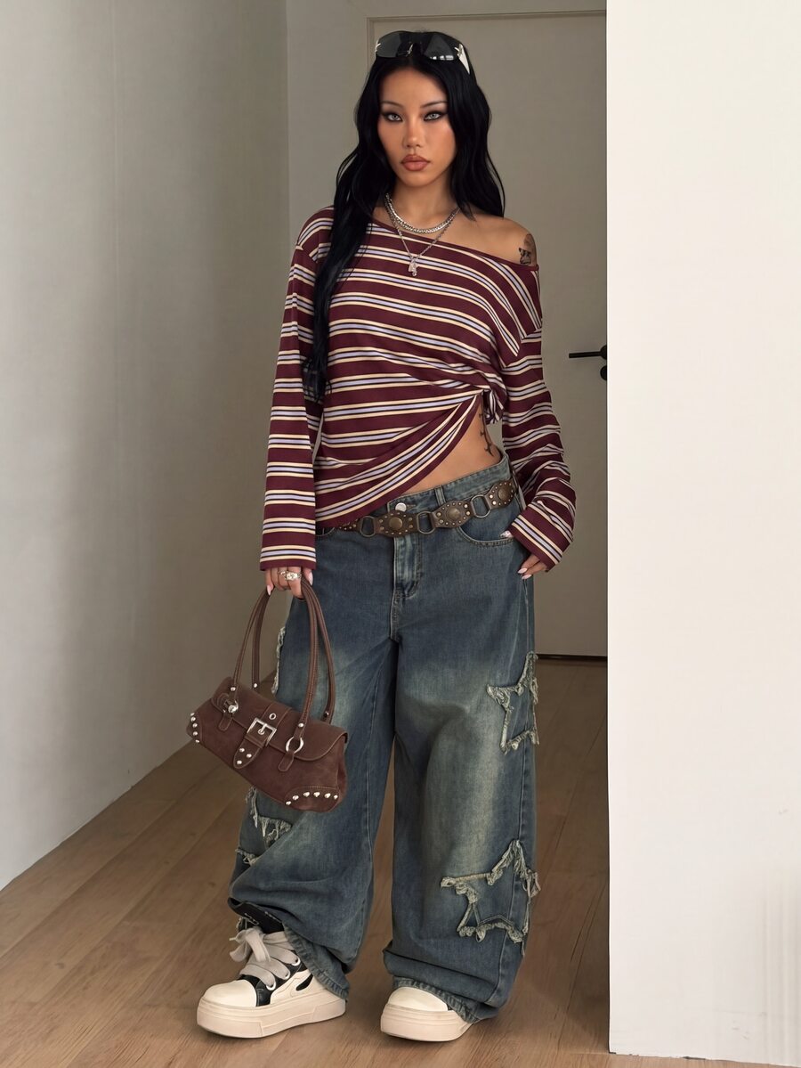 Women's brown striped boat neck long sleeve raglan T-shirt with a loose casual fit