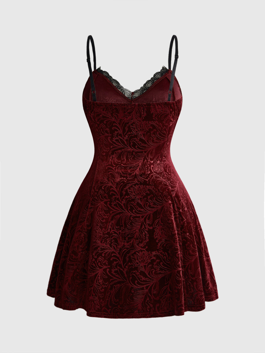 Plus size velvet slip dress featuring delicate contrast lace trim, spaghetti straps, and flared mini skirt with matching arm sleeves.