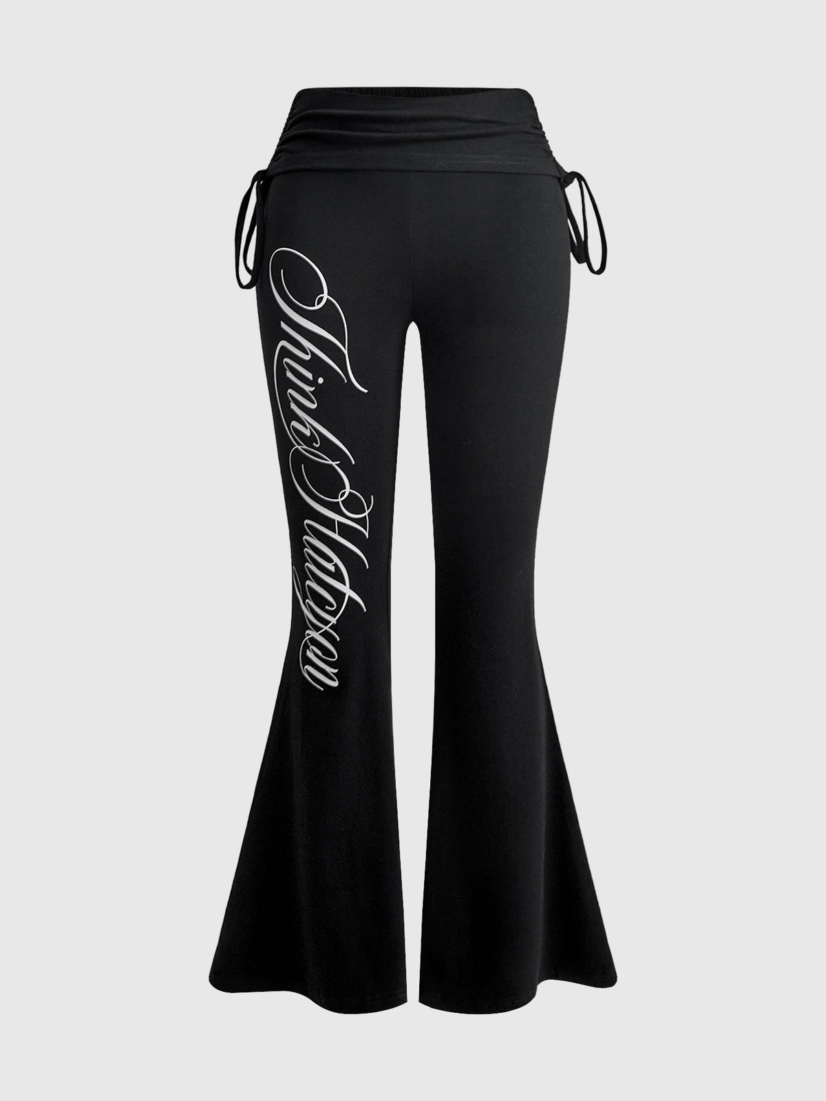 Women's low waist flare leg pants featuring an elastic drawstring waistband and ruched detail in knitted fabric.