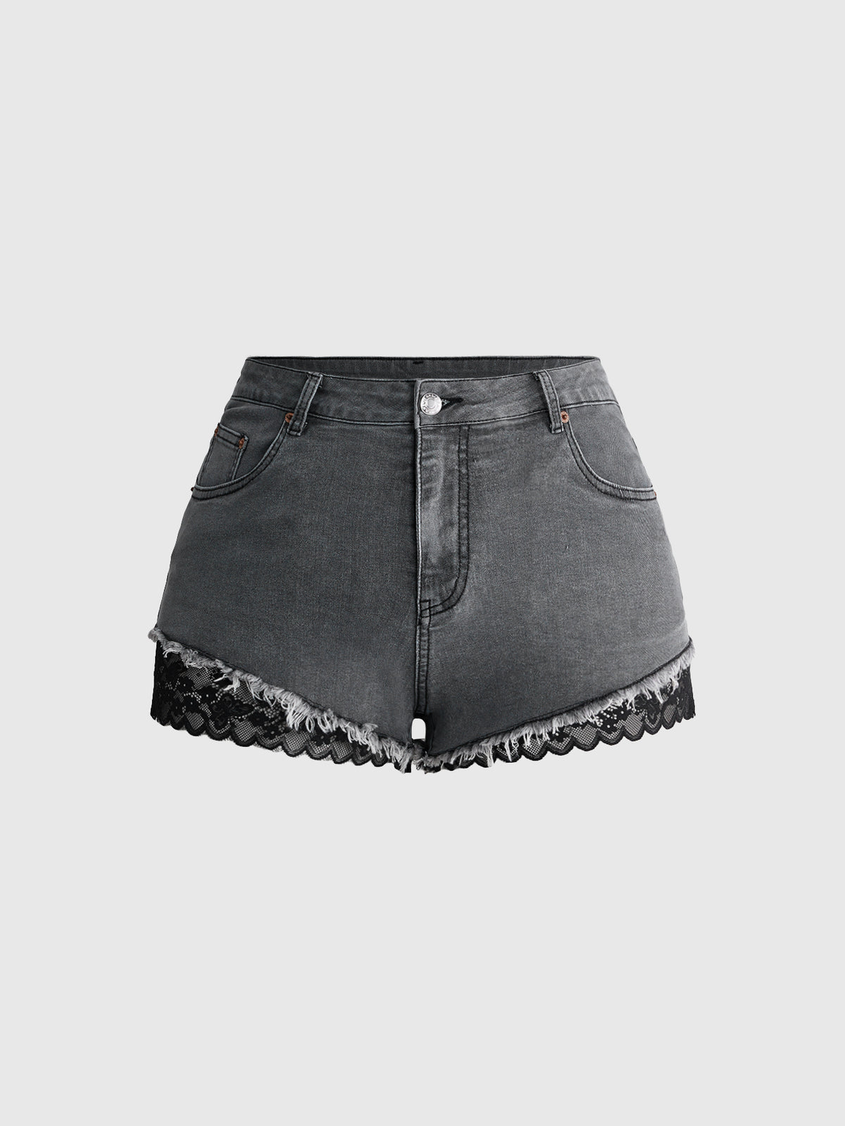 Front view of women's plus size skinny denim shorts featuring lace patchwork detailing, mid-rise waist, button zipper closure, and classic pockets.