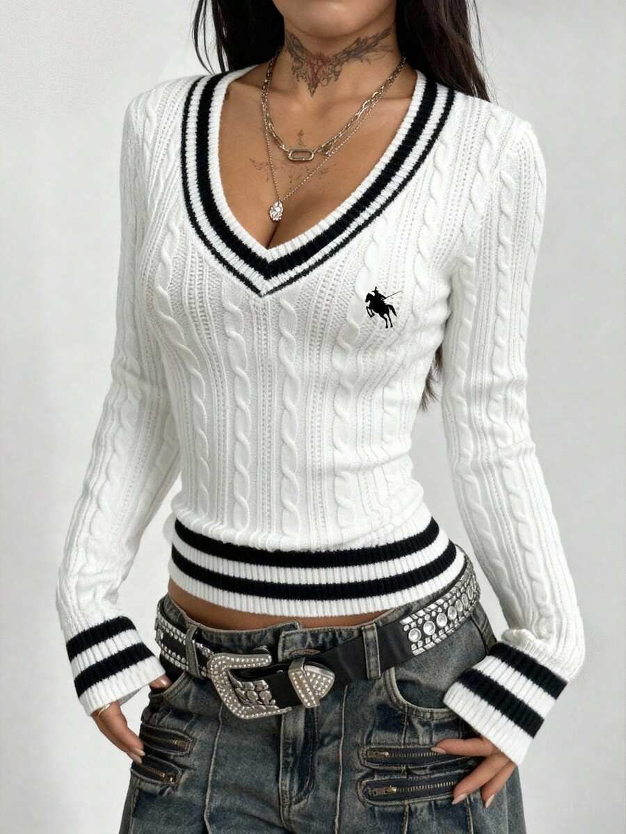 Women's slim fit cable-knit sweater with a V-neckline and long sleeves in solid green rib knit fabric.