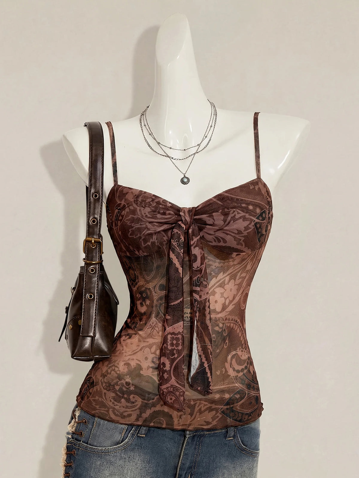 Women's Green Print Y2K Pleated Cami Top