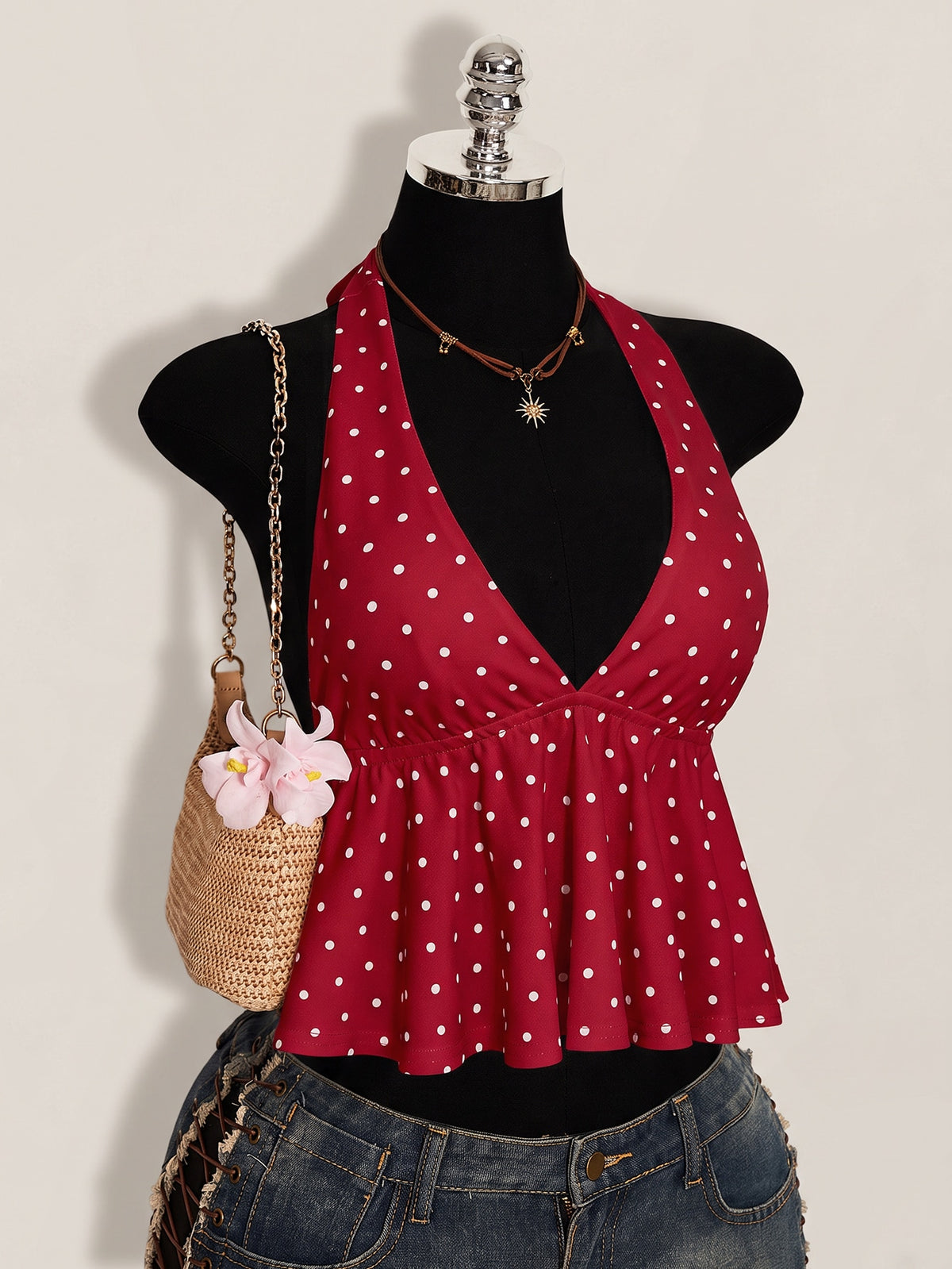 Women's Polka Dot Halter Camisole with Ruffle Hem