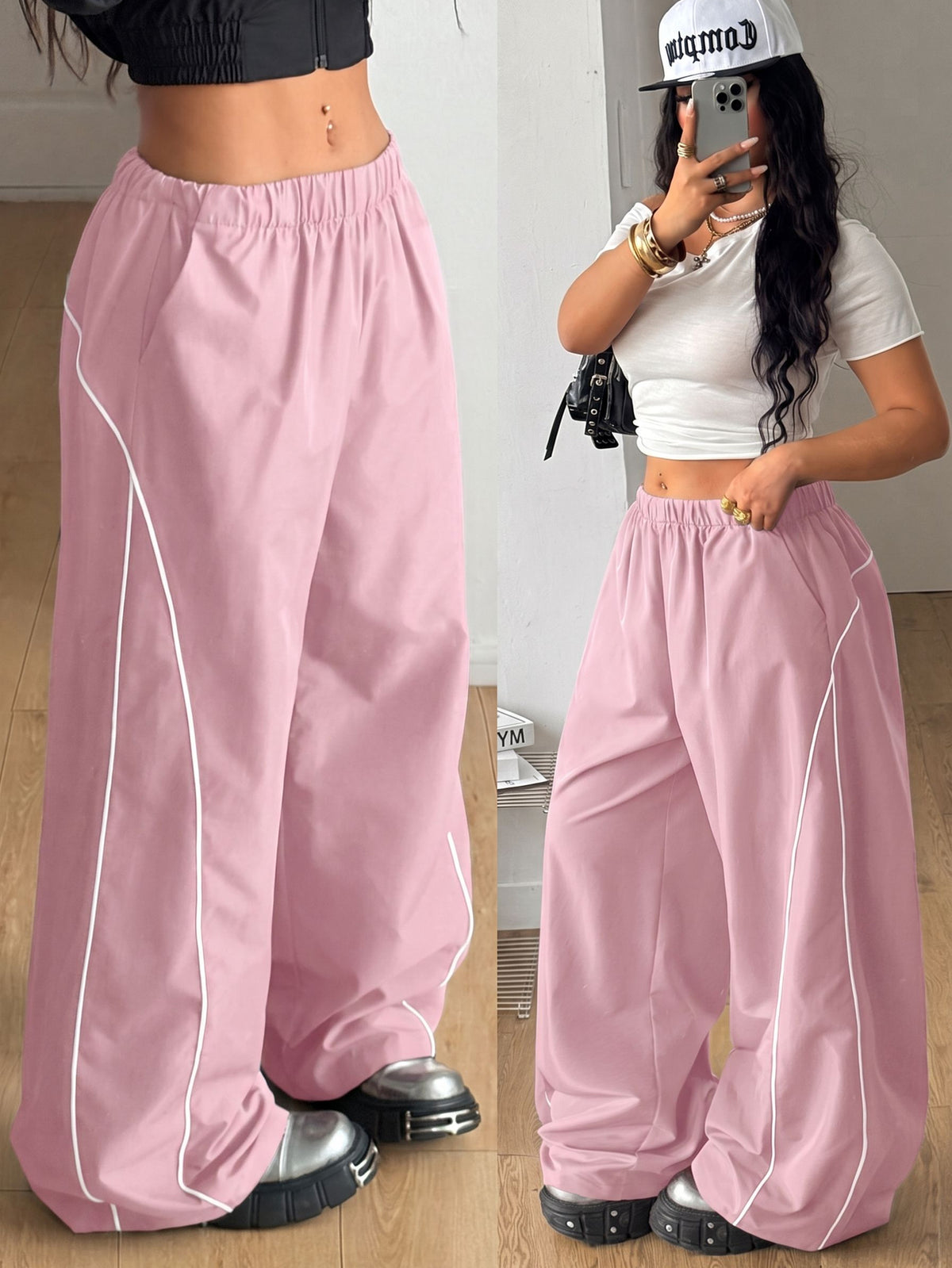 Plus size loose straight leg casual pants with elastic drawstring waist, contrast binding, and side pockets.