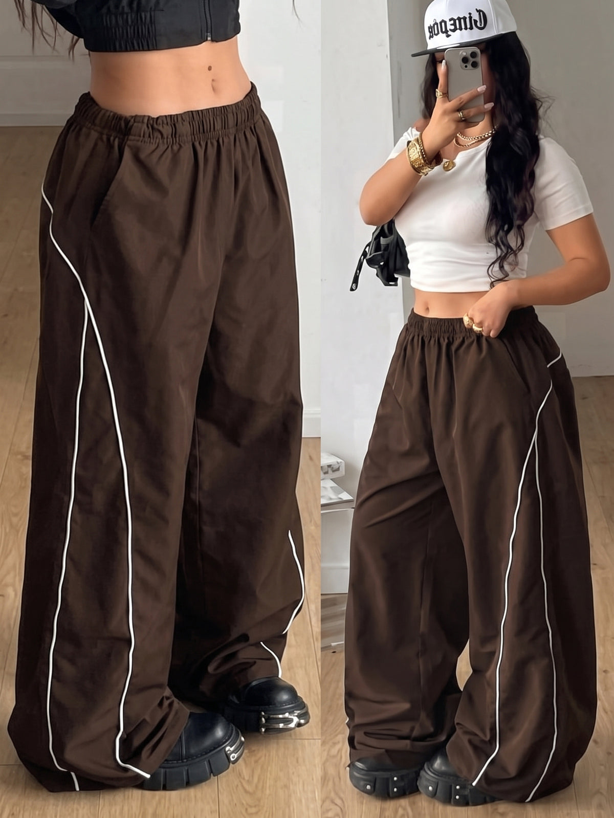 Plus size loose straight leg casual pants with elastic drawstring waist, contrast binding, and side pockets.