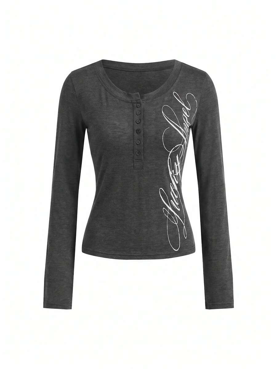 Women's slim fit long sleeve rib-knit henley shirt with scoop neckline and front buttons