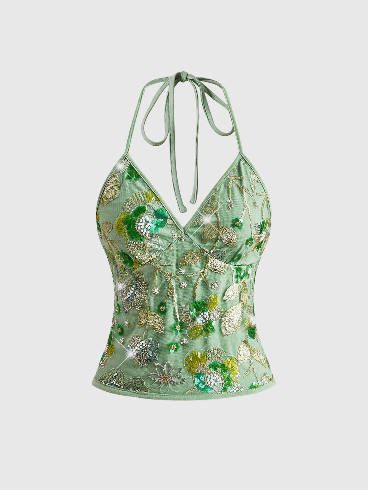 Women's Floral Embroidery Faux Pearl Tie-Neck Crop Cami Top
