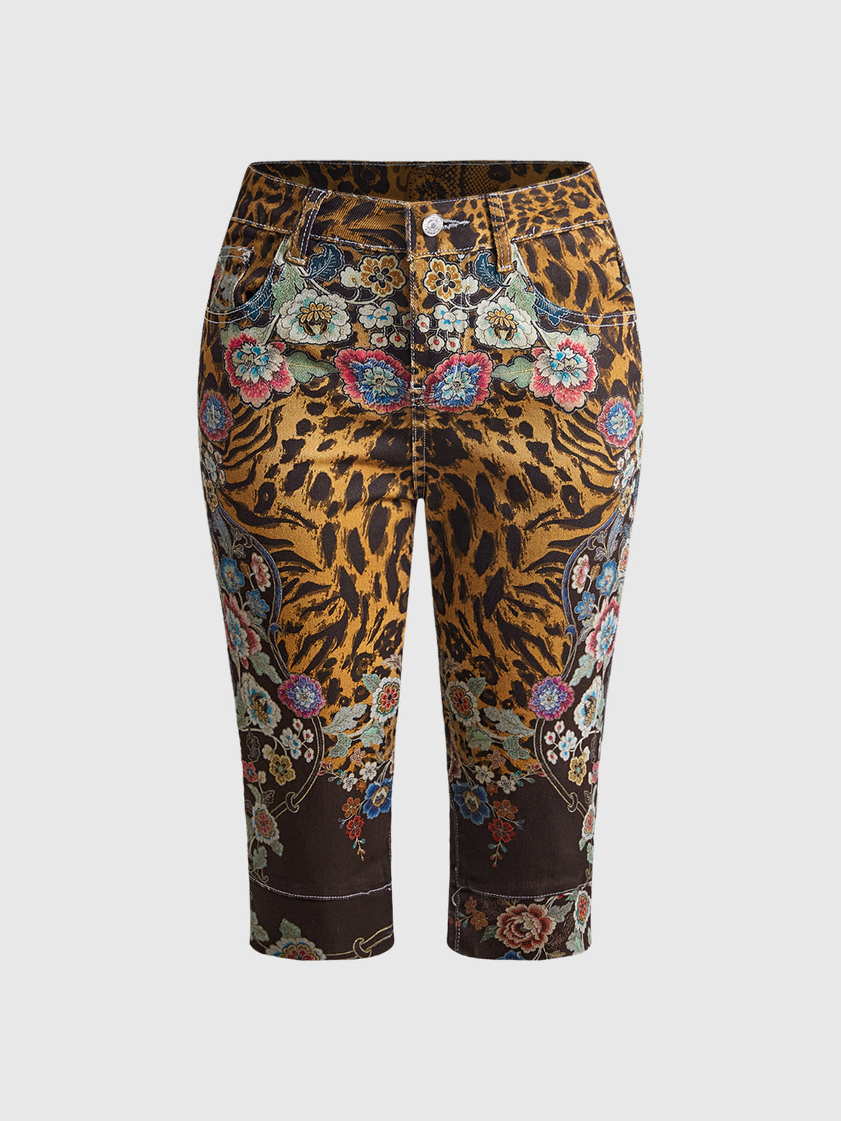 Women's leopard and floral print denim capri jeans featuring an ultra low waist and zipper fly closure.