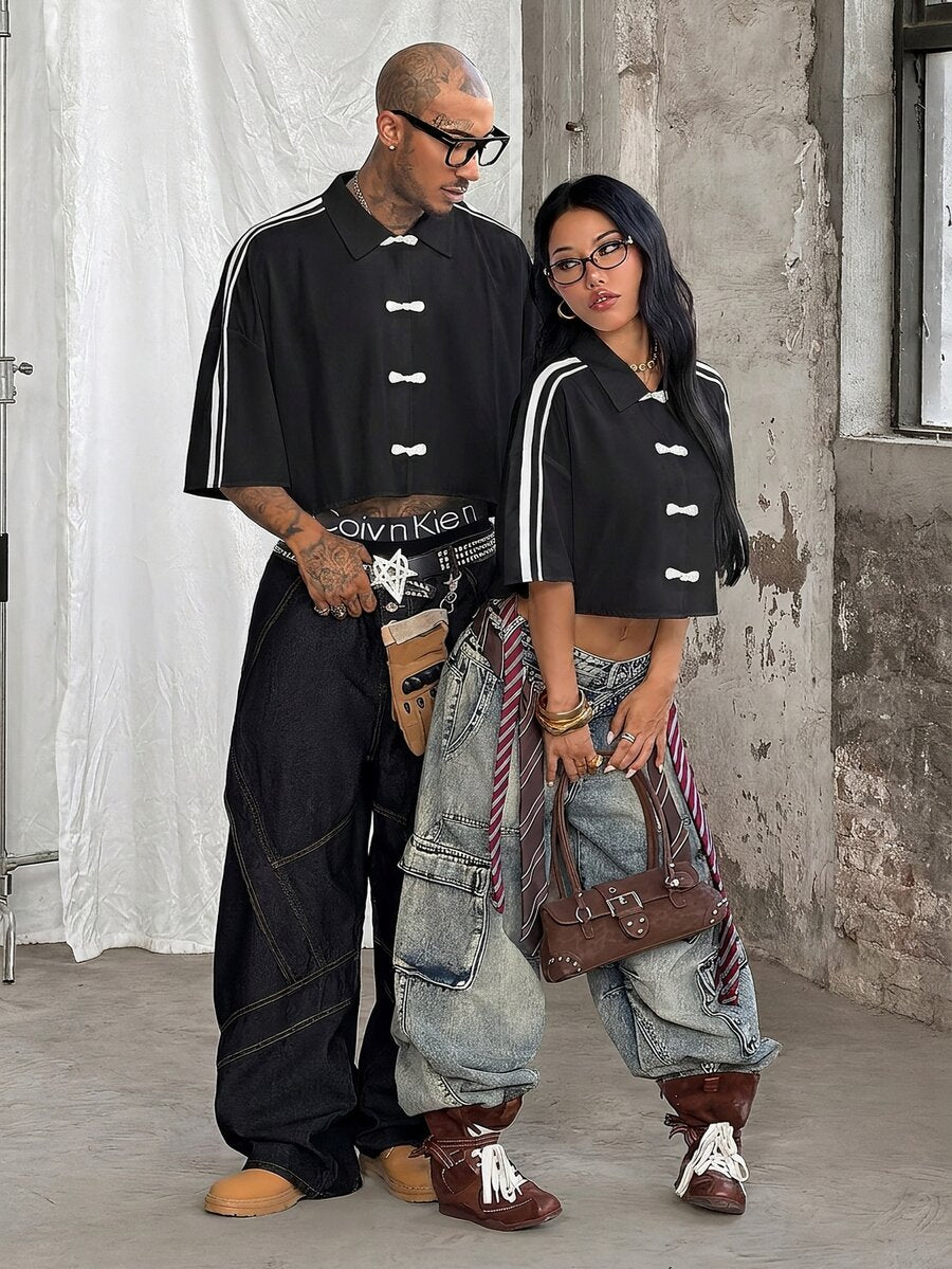 Women's plaid crop shirt with button front, chest pocket, short sleeves, and loose casual fit.