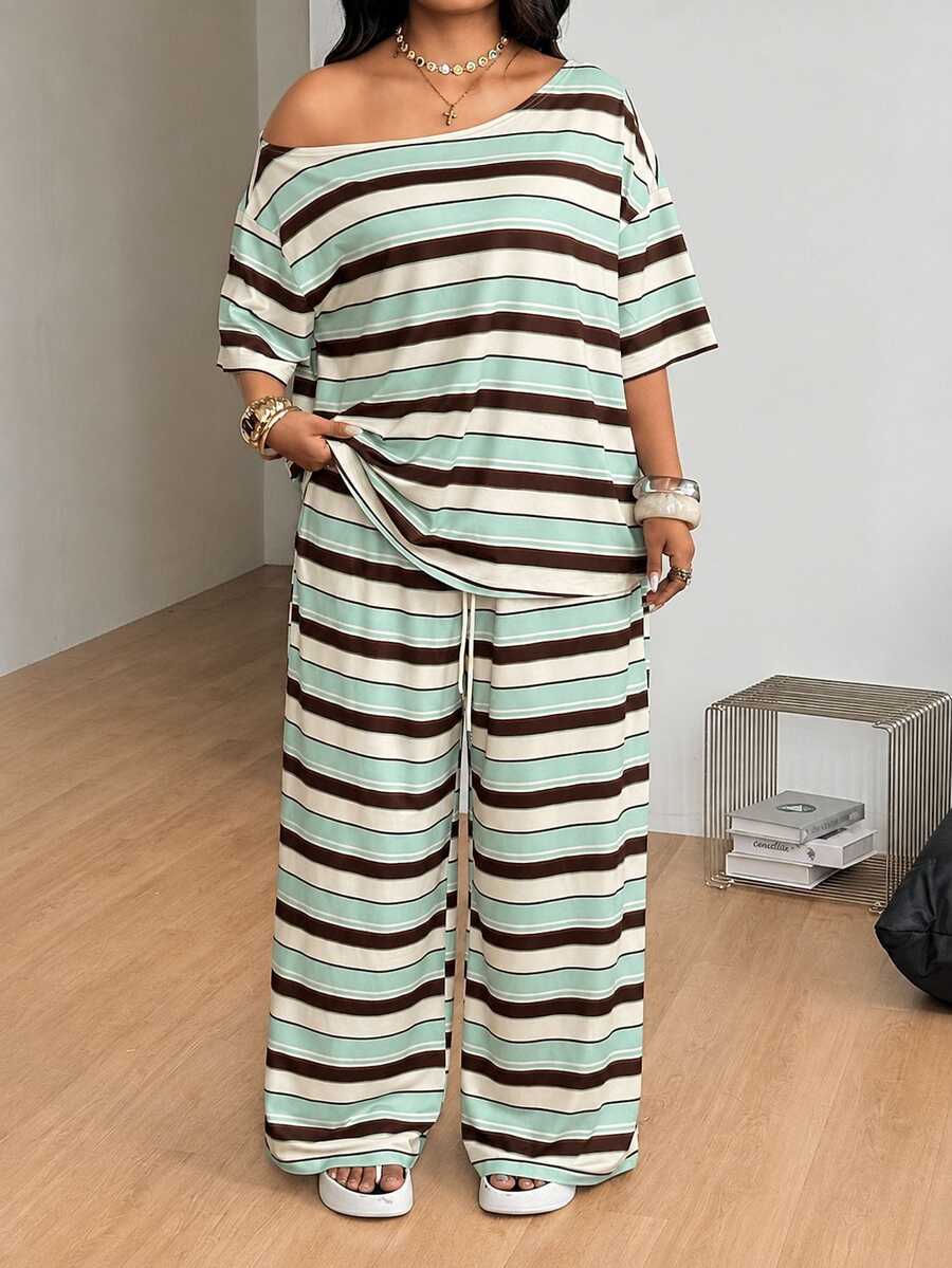 Striped two-piece casual outfit featuring an asymmetrical off-shoulder short-sleeve top and matching loose wide-leg pants with side pockets.
