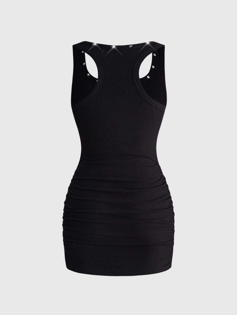 Women's sleeveless star print tank mini dress featuring a scoop neckline and slim fit in black knitted fabric.
