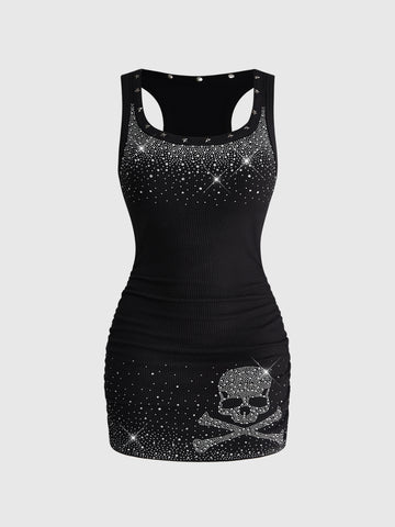 Women's sleeveless star print tank mini dress featuring a scoop neckline and slim fit in black knitted fabric.