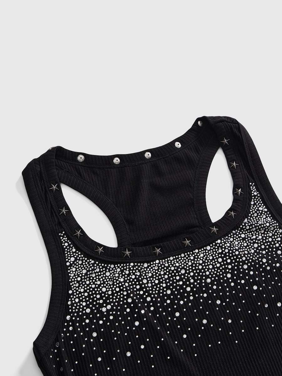 Women's sleeveless star print tank mini dress featuring a scoop neckline and slim fit in black knitted fabric.