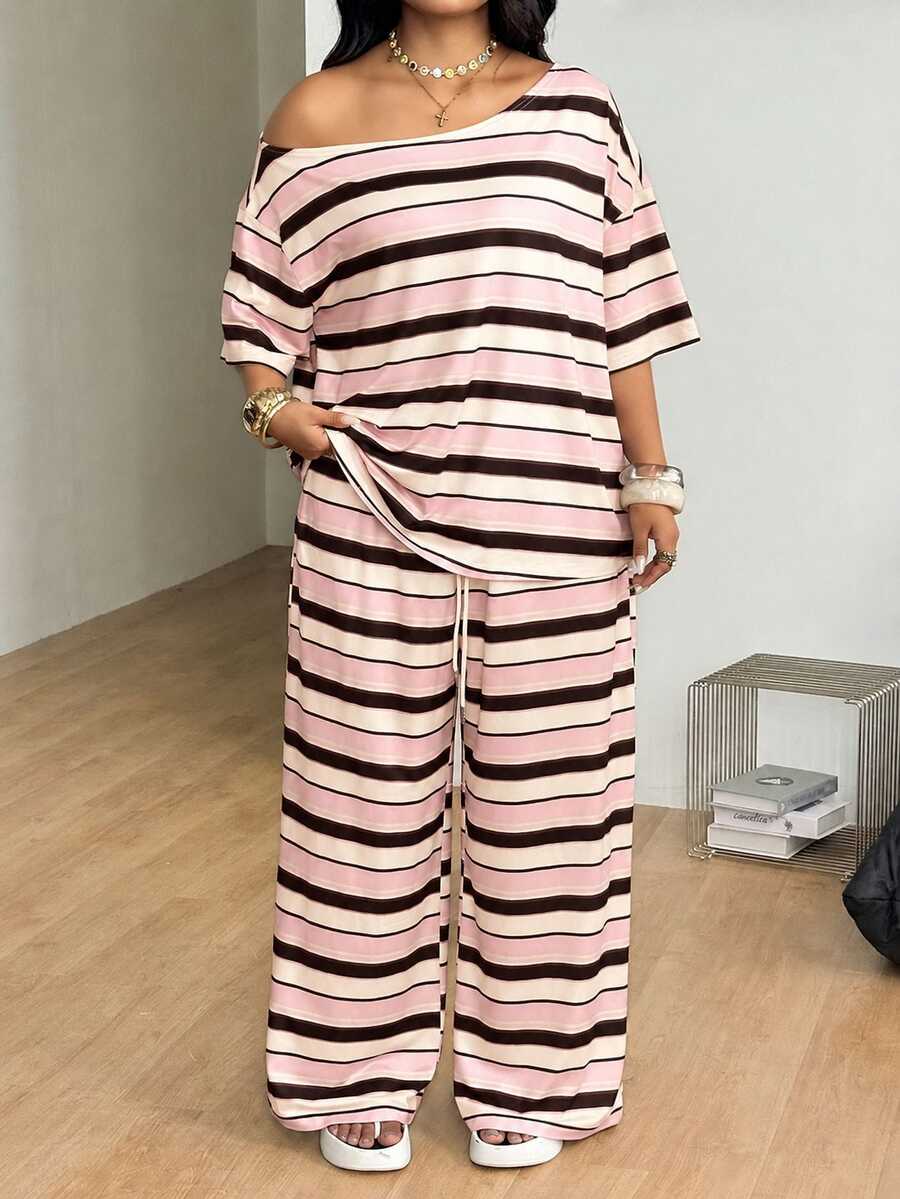 Striped two-piece casual outfit featuring an asymmetrical off-shoulder short-sleeve top and matching loose wide-leg pants with side pockets.