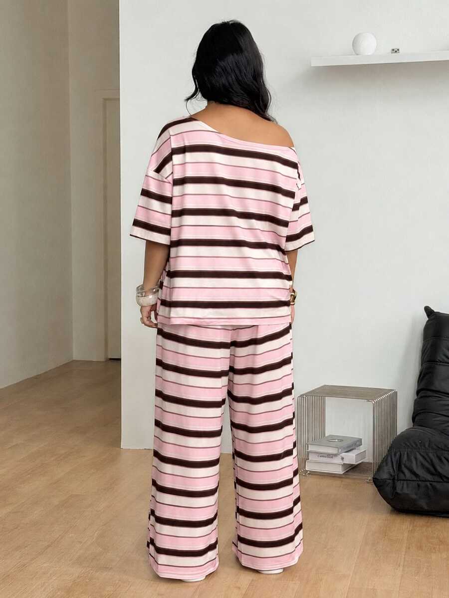 Striped two-piece casual outfit featuring an asymmetrical off-shoulder short-sleeve top and matching loose wide-leg pants with side pockets.