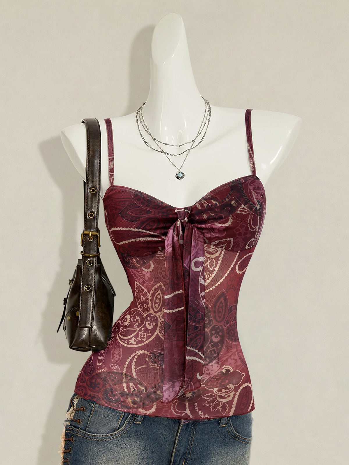 Women's Green Print Y2K Pleated Cami Top