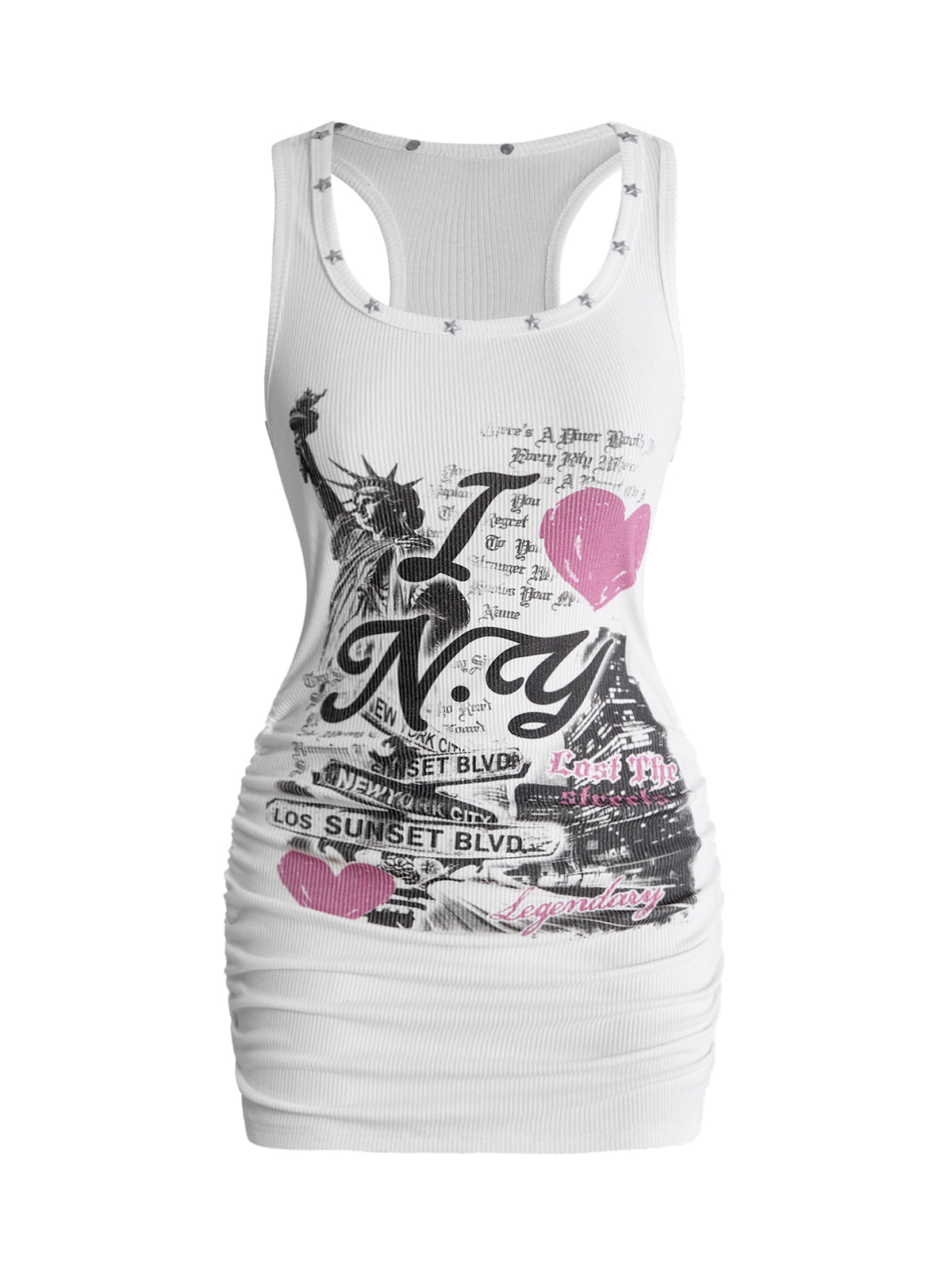 Women's sleeveless star print tank mini dress featuring a scoop neckline and slim fit in black knitted fabric.