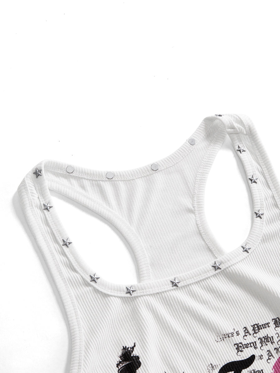 Women's sleeveless star print tank mini dress featuring a scoop neckline and slim fit in black knitted fabric.