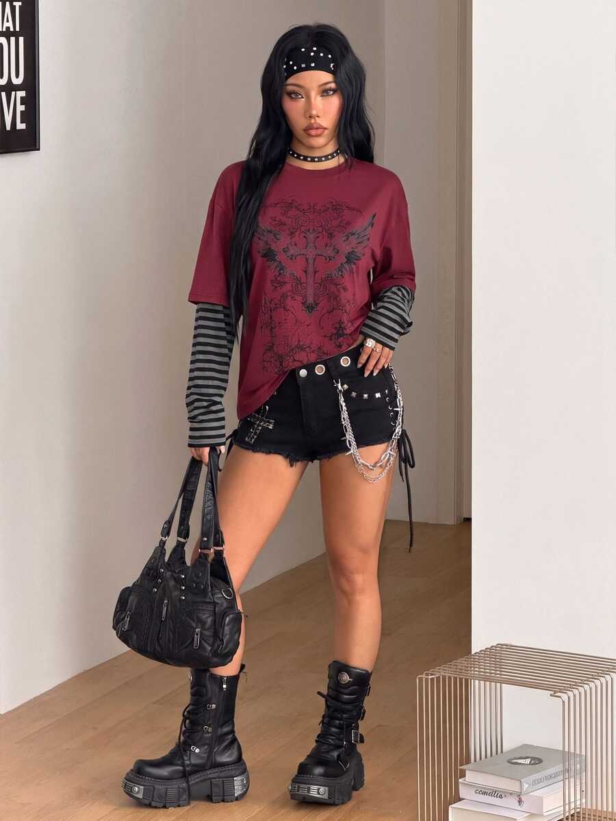Women's casual graphic long sleeve t-shirt with a round neck, drop shoulder sleeves, and loose relaxed fit.
