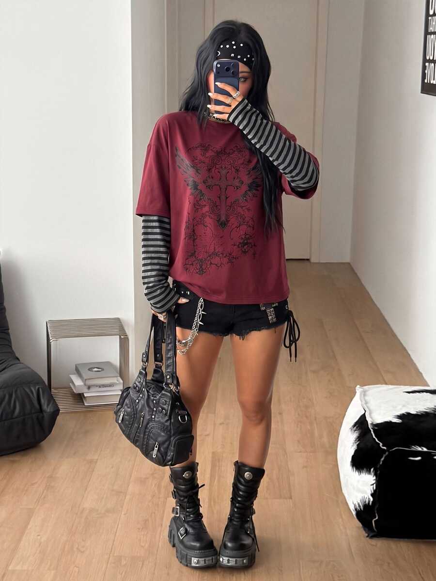 Women's casual graphic long sleeve t-shirt with a round neck, drop shoulder sleeves, and loose relaxed fit.