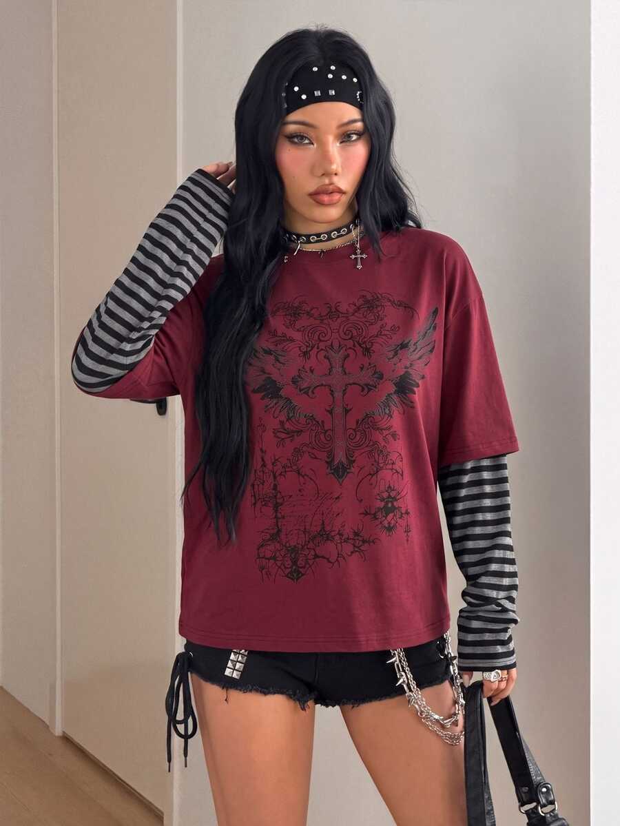 Women's casual graphic long sleeve t-shirt with a round neck, drop shoulder sleeves, and loose relaxed fit.