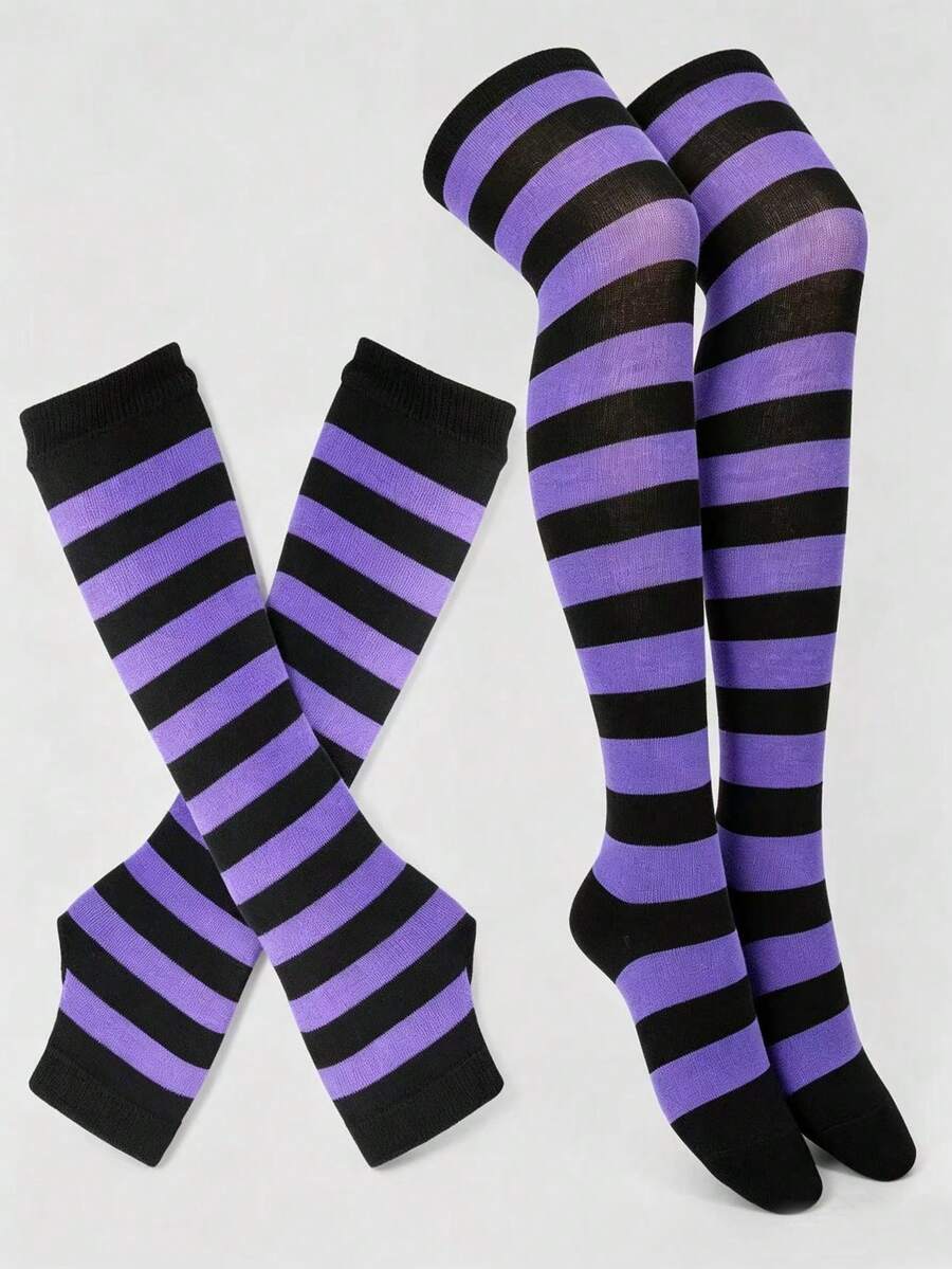 Women's striped rib-knit over-the-knee socks and matching arm guards set