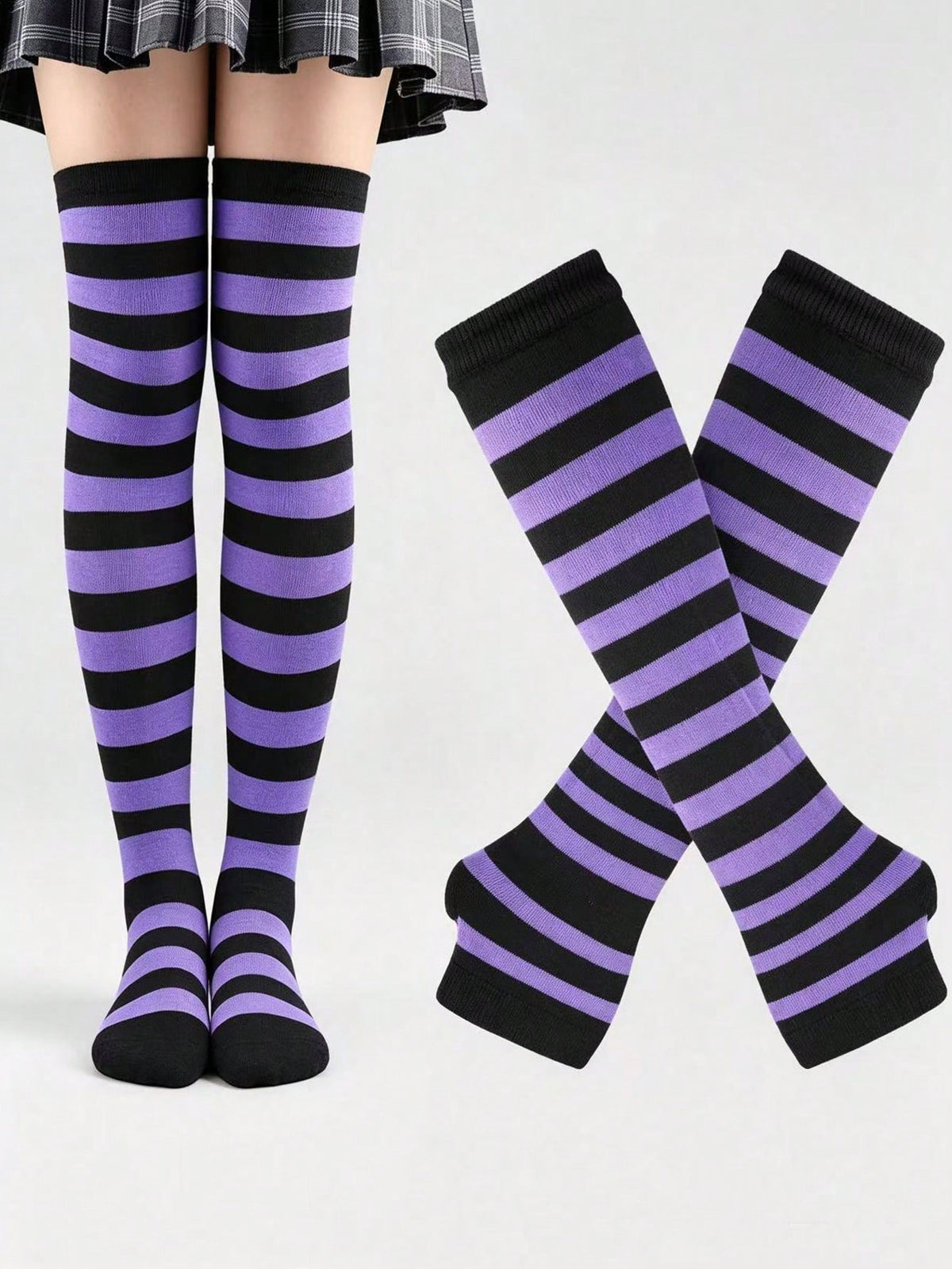 Women's striped rib-knit over-the-knee socks and matching arm guards set