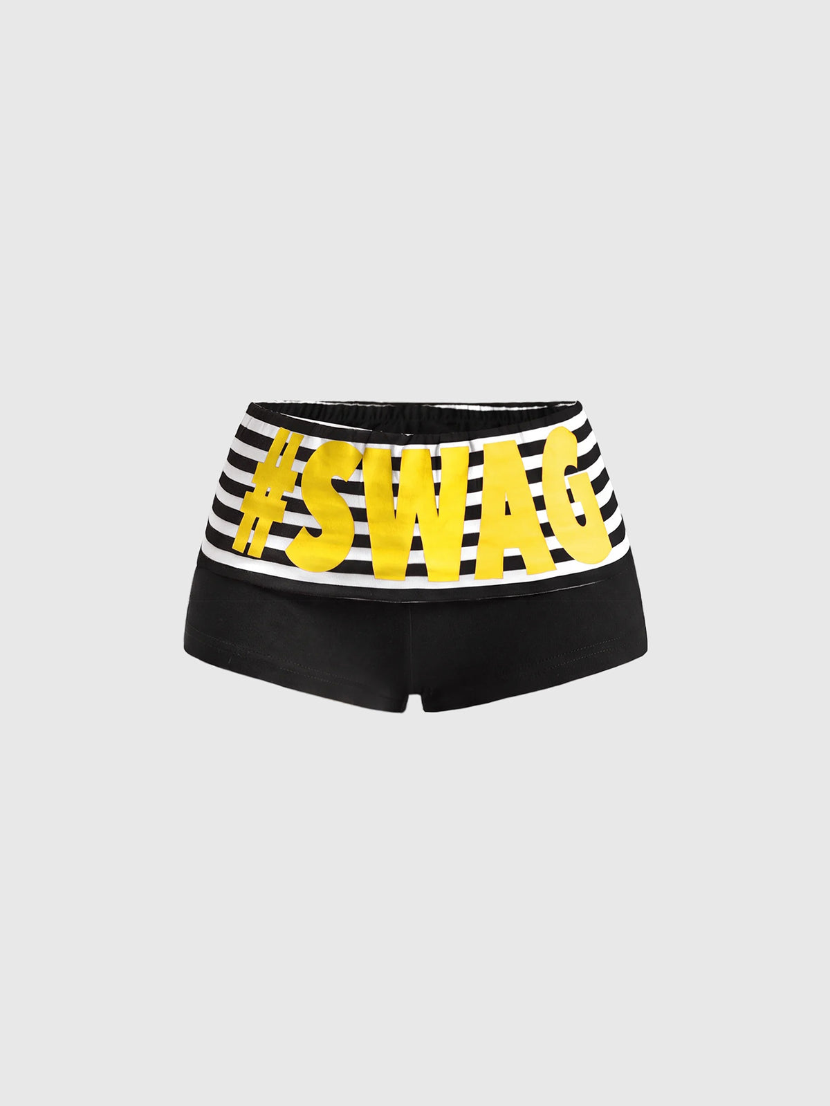 Women's ultra low waist mini shorts with folded waistband, striped letter print, and studded details in stretchy knitted fabric.