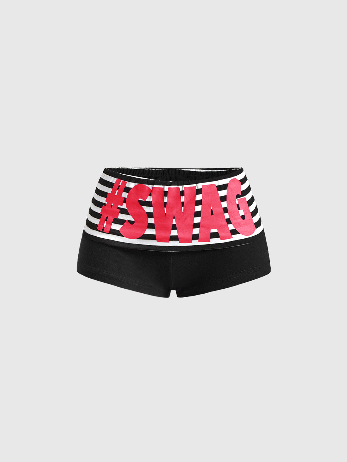 Women's ultra low waist mini shorts with folded waistband, striped letter print, and studded details in stretchy knitted fabric.