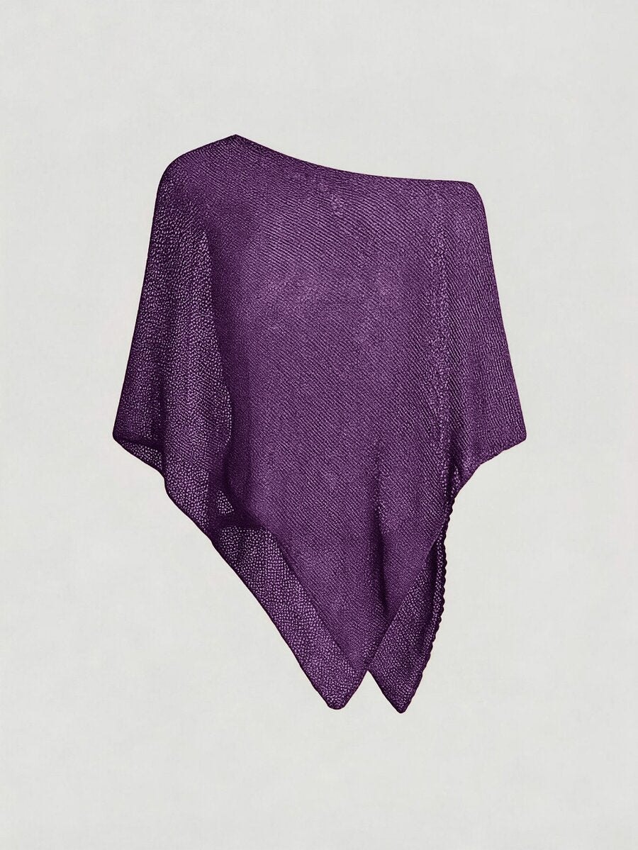 Women's casual hollow knit poncho top with boat neck, cloak sleeves, and asymmetrical hem