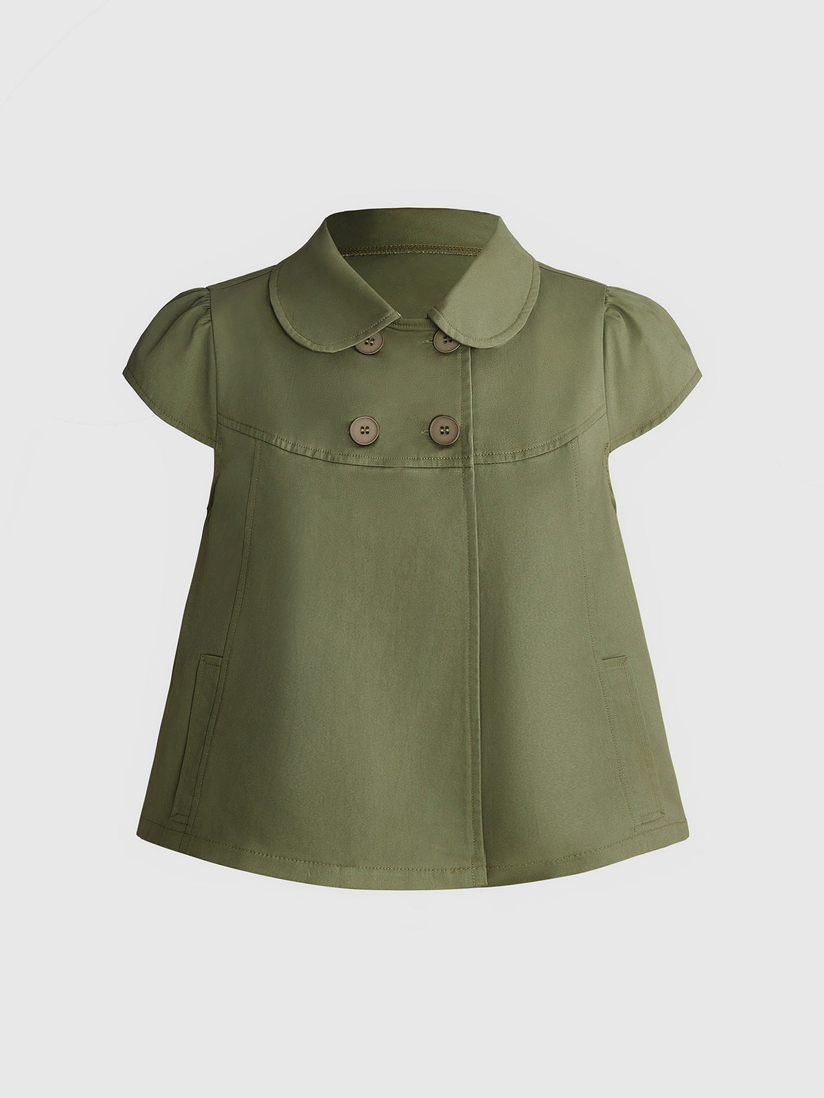 Women's short puff sleeve cotton blouse featuring a Peter Pan collar, double button detail, and front pocket.