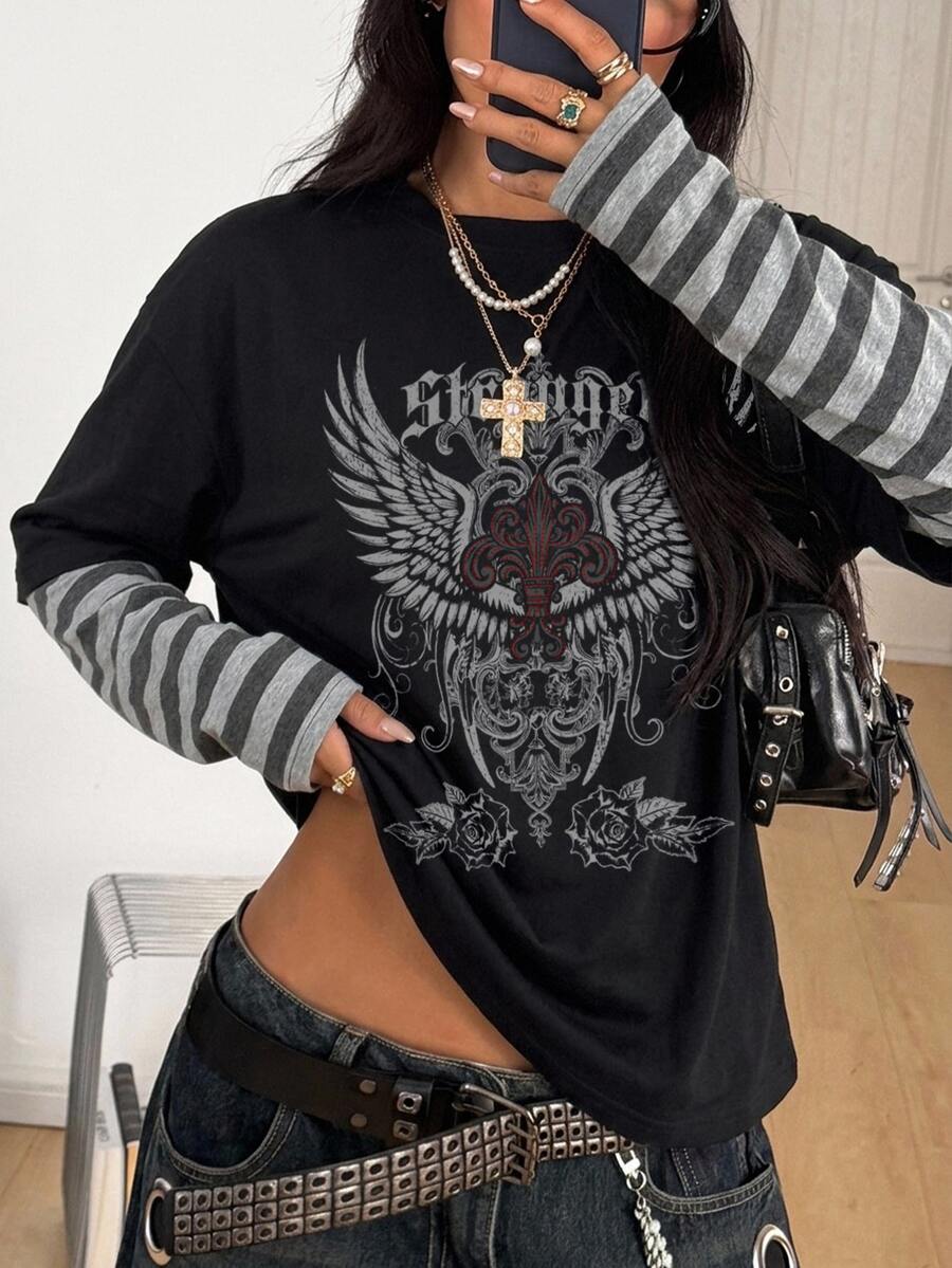 Women's casual 2-in-1 striped long sleeve graphic t-shirt featuring a round neckline, drop shoulders, rib-knit accents, and a loose fit.