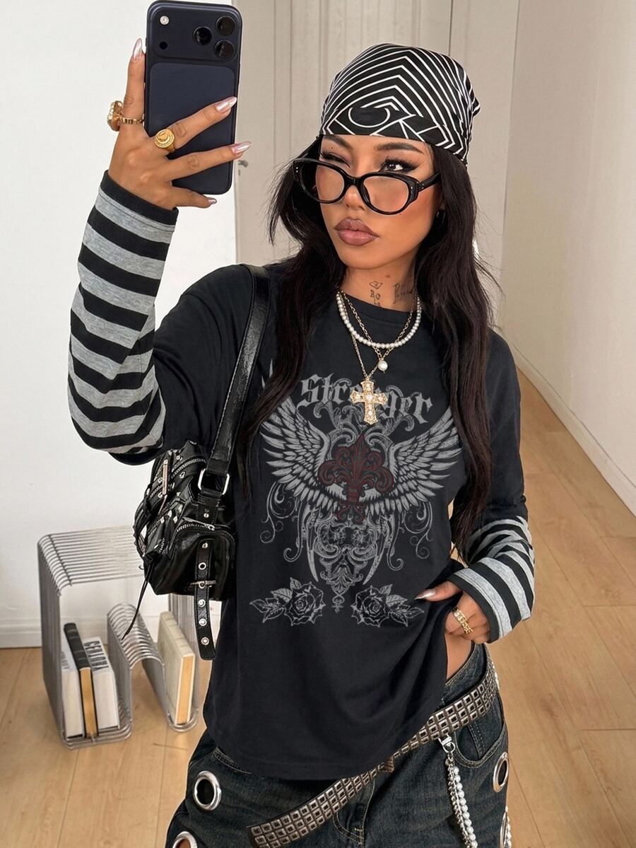 Women's casual 2-in-1 striped long sleeve graphic t-shirt featuring a round neckline, drop shoulders, rib-knit accents, and a loose fit.