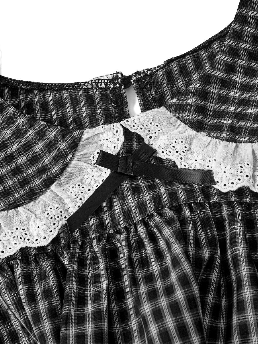 Women's plaid mini dress featuring a contrast lace Peter Pan collar, front bow accent, and short puff sleeves in a loose fit.