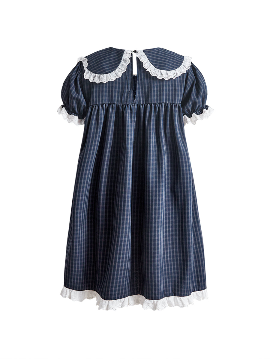 Women's plaid mini dress featuring a contrast lace Peter Pan collar, front bow accent, and short puff sleeves in a loose fit.