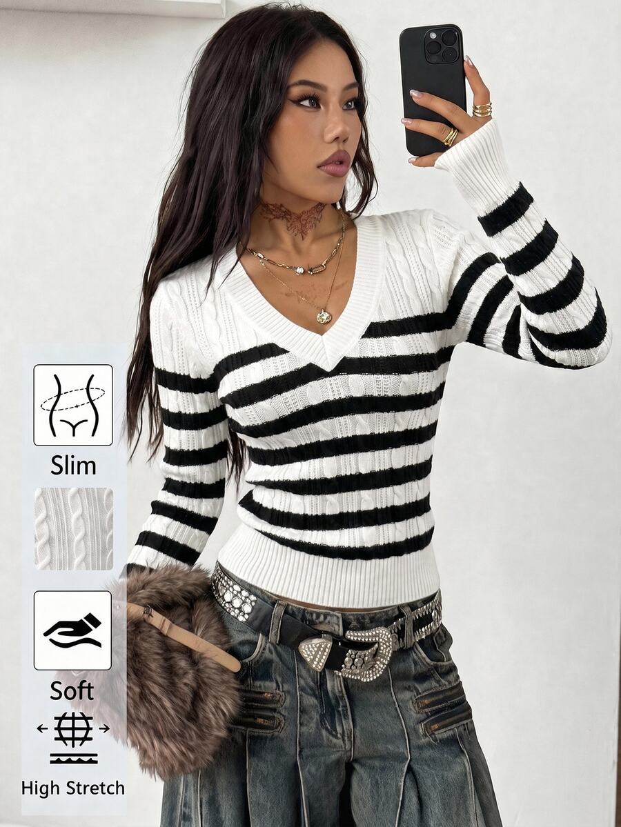 Women's slim fit cable-knit sweater with a V-neckline and long sleeves in solid green rib knit fabric.