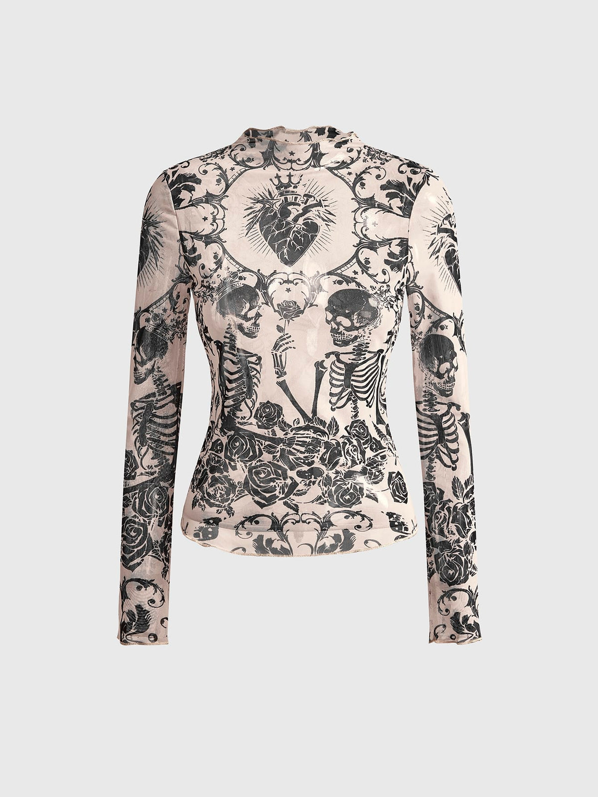 Women's sheer mesh slim fit top with allover vintage tattoo totem print, stand collar, and extra-long sleeves.
