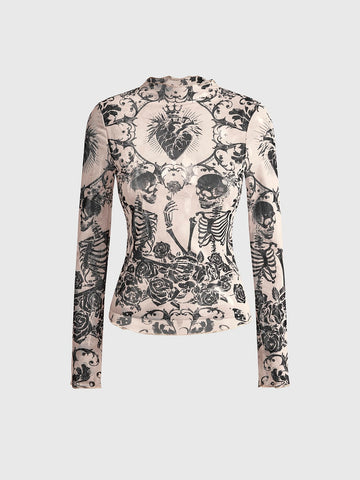 Women's sheer mesh slim fit top with allover vintage tattoo totem print, stand collar, and extra-long sleeves.